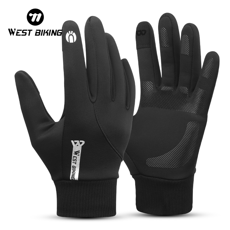 Mountain Biking Gloves Mens - WEST BIKINGฤดูหนาวผู้ชายถุงมือความร้อนWindproof Full Fingerถุงมือขี่จักรยานหน้าจอสัมผัสขนแกะMTB Road Bikeกีฬาเกียร์