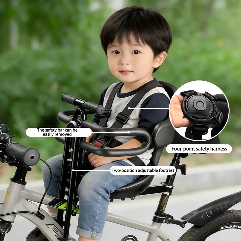 Mountain Biking Shop - ที่นั่งจักรยานสำหรับเด็กแบบติดด้านหน้าพร้อมสายรัดนิรภัย, ที่นั่งเสริมสำหรับเด็กเล็กที่ปลอดภัยสำหรับจักรยานเสือภูเขาและจักรยานพับได้สำหรับผู้ใหญ่